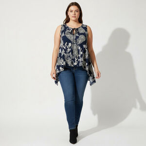 Women Plus SJS Navy Paisley Print Sleeveless Tie Neck Top Size 1X